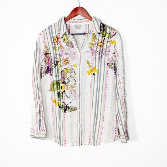 Chico’s Women’s Top Garden Girl Floral Stripe Beaded Embroidery Button Up Size L - Picture 1 of 10